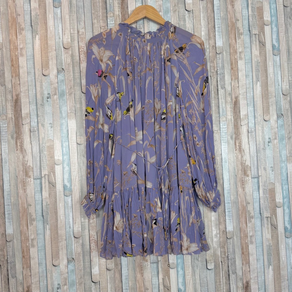 Banana Republic Purple Bird Floral Print Ruffle Flounce Mini Dress Long Sleeve S